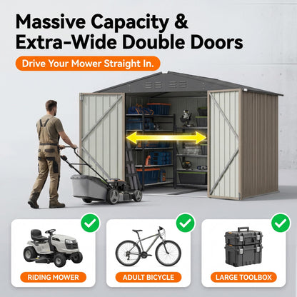 Devoko 8x10 FT Outdoor Storage Shed, Metal Tool Shed with Lockable Door&Slooping Roof, Outside Storage for Garden Backyard Patio(Brown)