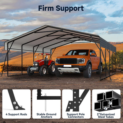 Heavy Duty Metal Carport, 20 x 20FT Outdoor Carport with Galvanized Steel Frame and Roof, Multi-Use Car Shelter for 2 Cars, Pickup, Tractors, Gray