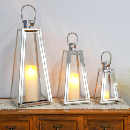 TRIROCKS Set of 3 Stainless Steel Candle Lantern 21''&16''&11'' High Metal Candle Holder with Tempered Glass Panels for Christmas Home Decor Living Room Parties Events Indoors Outdoors (Silver