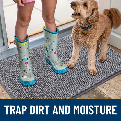 Smiry Dog Door Mat for Muddy Paws 44x32, Absorbent Dirt Trapper, Non-Slip Washable Chenille Entryway Rug for Inside Floor, Grey, Classic Solid