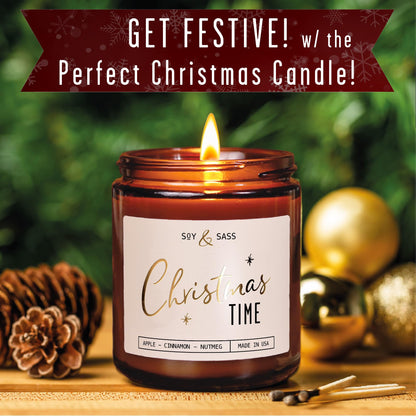 Christmas Candles Scented – ‘Christmas Time’ Soy Christmas Candle, w/Apple, Cinnamon, Clove - Infused with Essential Oils I Holiday Candles I 9oz, 50Hr, Made in USA