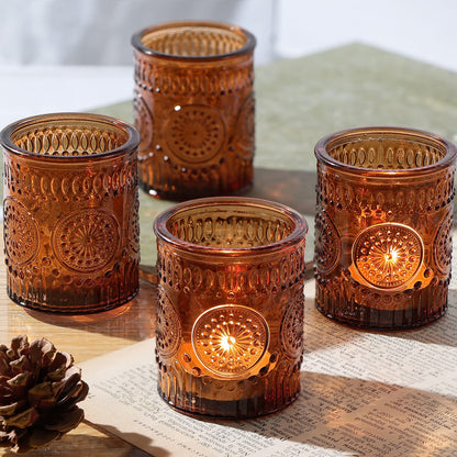 Lanttu Amber Votive Candle Holder Set of 12, Glass Tea Light Candle Holders for Home Table Centerpiece, Dinner Parties, Weddings Decor