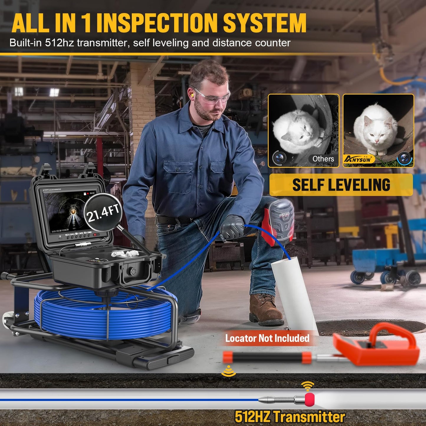 Anysun Sewer Camera with 512hz Sonde 150ft, Self Leveling Sewer Inspection Camera with Distance Counter, 7MM Diameter Cable with Trolley and Wheels, 9" HD Monitor with DVR Drain Pipe Camera(32GB Card)