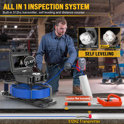 Anysun Sewer Camera with 512hz Sonde 150ft, Self Leveling Sewer Inspection Camera with Distance Counter, 7MM Diameter Cable with Trolley and Wheels, 9" HD Monitor with DVR Drain Pipe Camera(32GB Card)
