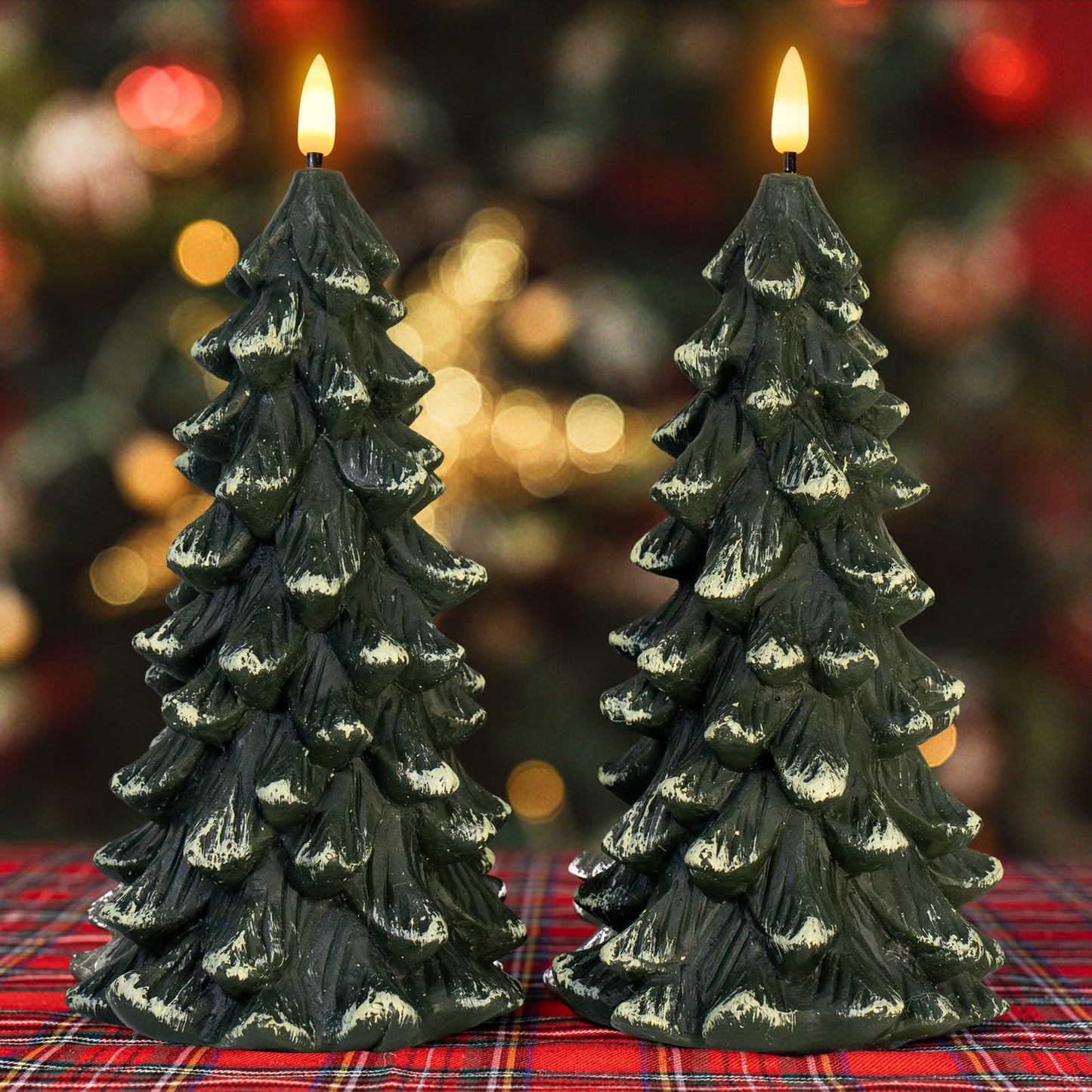 Yongmao Christmas Tree Shaped Flickering Flameless Candles, Green Real Wax Battery Operated LED Candles with Timer for Christmas Home Party Decoration Christmas Gift Set of 2