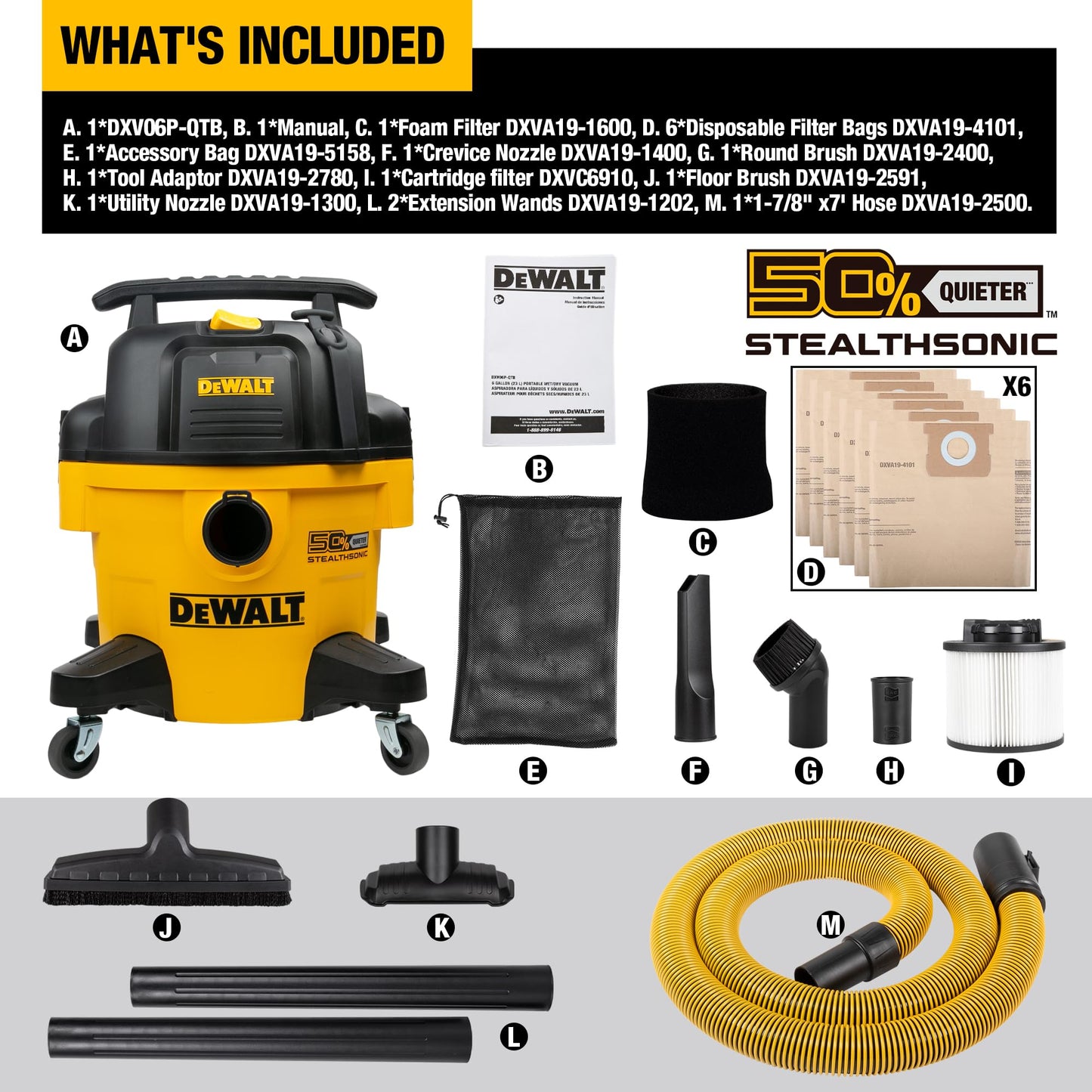 DEWALT 6-Gallon STEALTHSONIC Ultra Quiet Poly Shop Vacuum Wet and Dry with 6 Dust Bags, 5 Peak HP Noise Reduction Wet/Dry Vac for Jobsite, Workshop, and Garage, DXV06P-QTB
