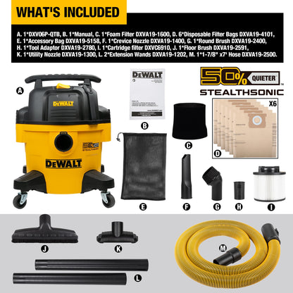 DEWALT 6-Gallon STEALTHSONIC Ultra Quiet Poly Shop Vacuum Wet and Dry with 6 Dust Bags, 5 Peak HP Noise Reduction Wet/Dry Vac for Jobsite, Workshop, and Garage, DXV06P-QTB