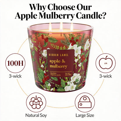 Apple Mulberry Scented Candle, 30oz 3 Wick Large Candle, 100H Long Burn Natural Soy Wax, Sweet Autumn & Winter Holiday Fragrance, Festive Gift for Women & Home Decor | Hidden Label