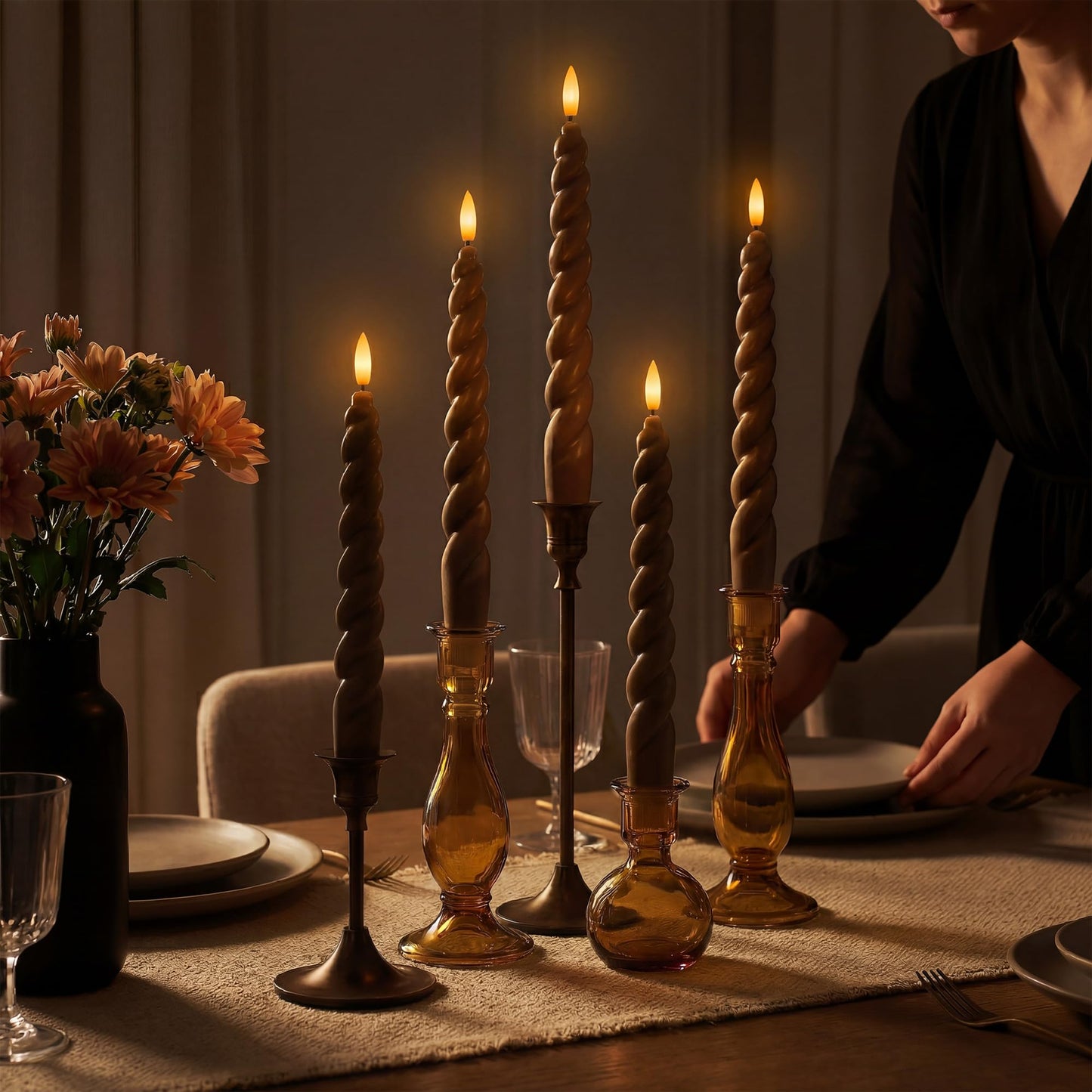 WYZworks 10" Flameless LED Taper Candles – Full Twisted Spiral – Brown, Set of 6 – Remote, 2/4/6/8-Hr Timer (24-hr Memory), Bottom On/Off Button, Dimmable, Battery Operated, Flicker/Steady