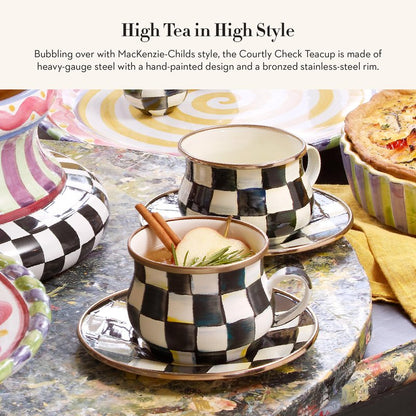 MACKENZIE-CHILDS Enamel Teacup, Unique Coffee and Tea Mug, Enamel Cup for Hot Tea, 10 Ounces, Brown-and-White Mocha Check