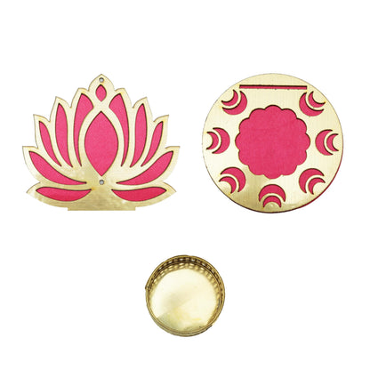 Set of 2 Decorative MDF Wooden Pink Golden Lotus T Light Holder Candle Stand Tealight Holder Indian Traditional Festival Diwali Decorations Lighting Accessories (Without Wax)(Size:-4" Inches) (Pink-1)