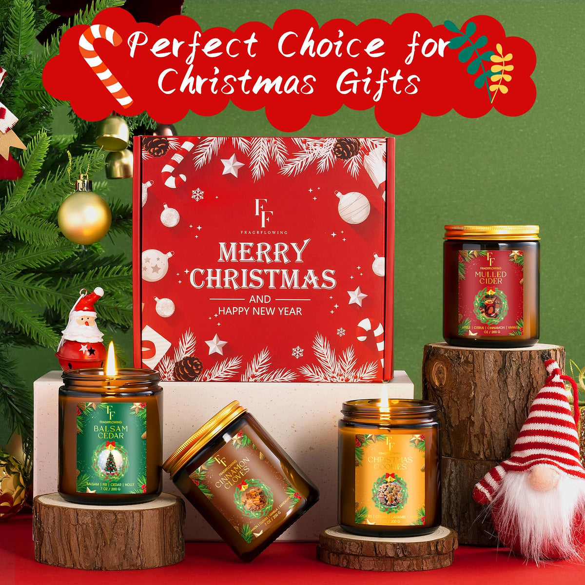 Christmas Candles Set, Scented Candles for Home, 4 Pack Holiday Natural Soy Candles, Christmas Gifts for Women Men, Festival Fragrance of Balsam Cedar/Cookies/Mulled Cider/Cinnamon
