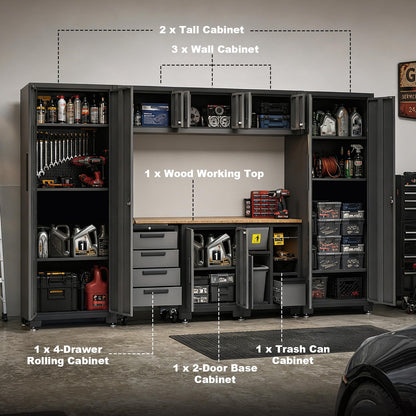 Torin Garage Cabinets Storage System, 9-Pcs Included Steel Cabinets Drawers Rolling Chest and Trash Can Cabinet, Locked Storage Cabinet, Perfect for Organizing Garage and Tools