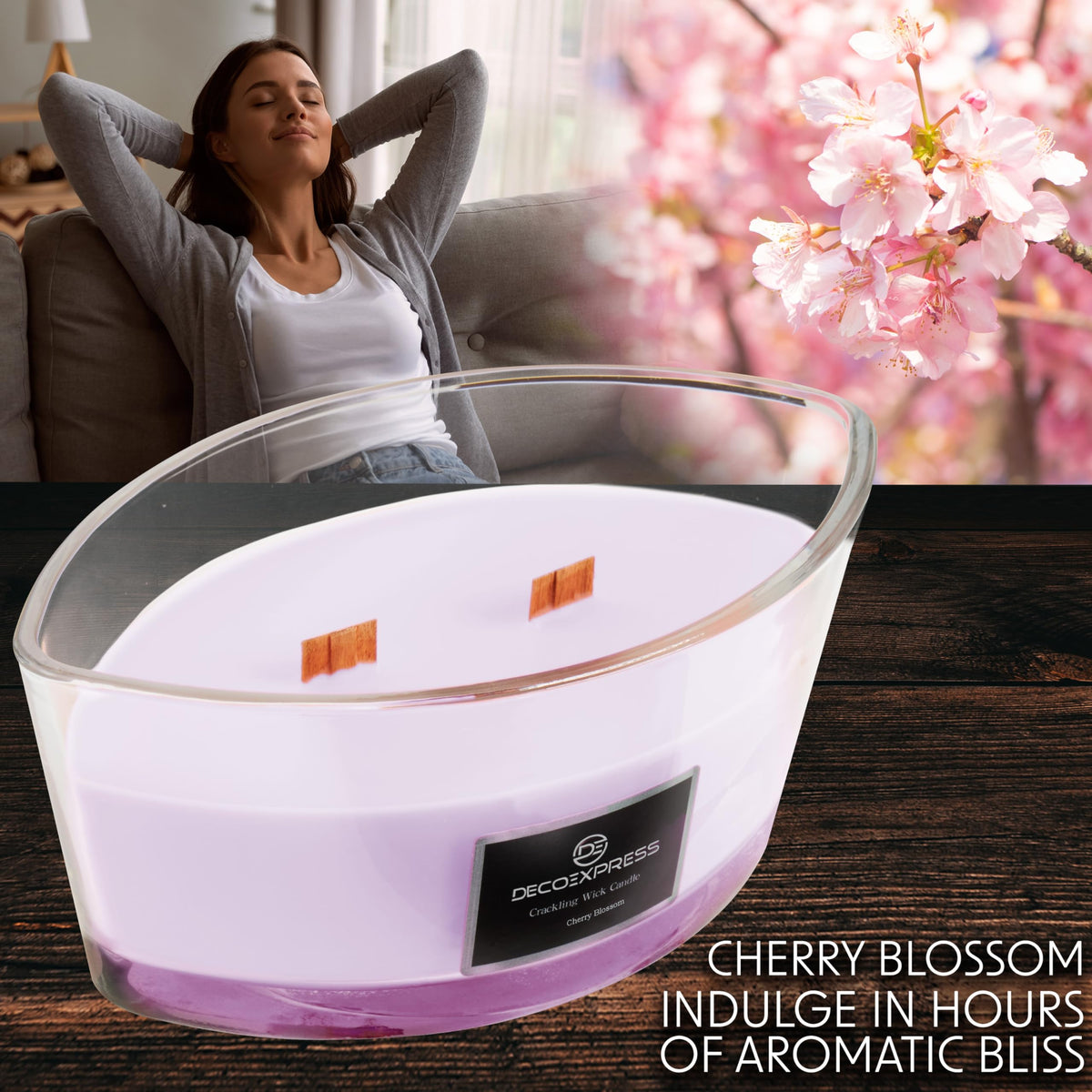 DECO EXPRESS Scented Candles, Crackle Double Wick Candles, Long 50 Hours Burn Time, Home Decor & Gift Ideas (Cherry Blossom)