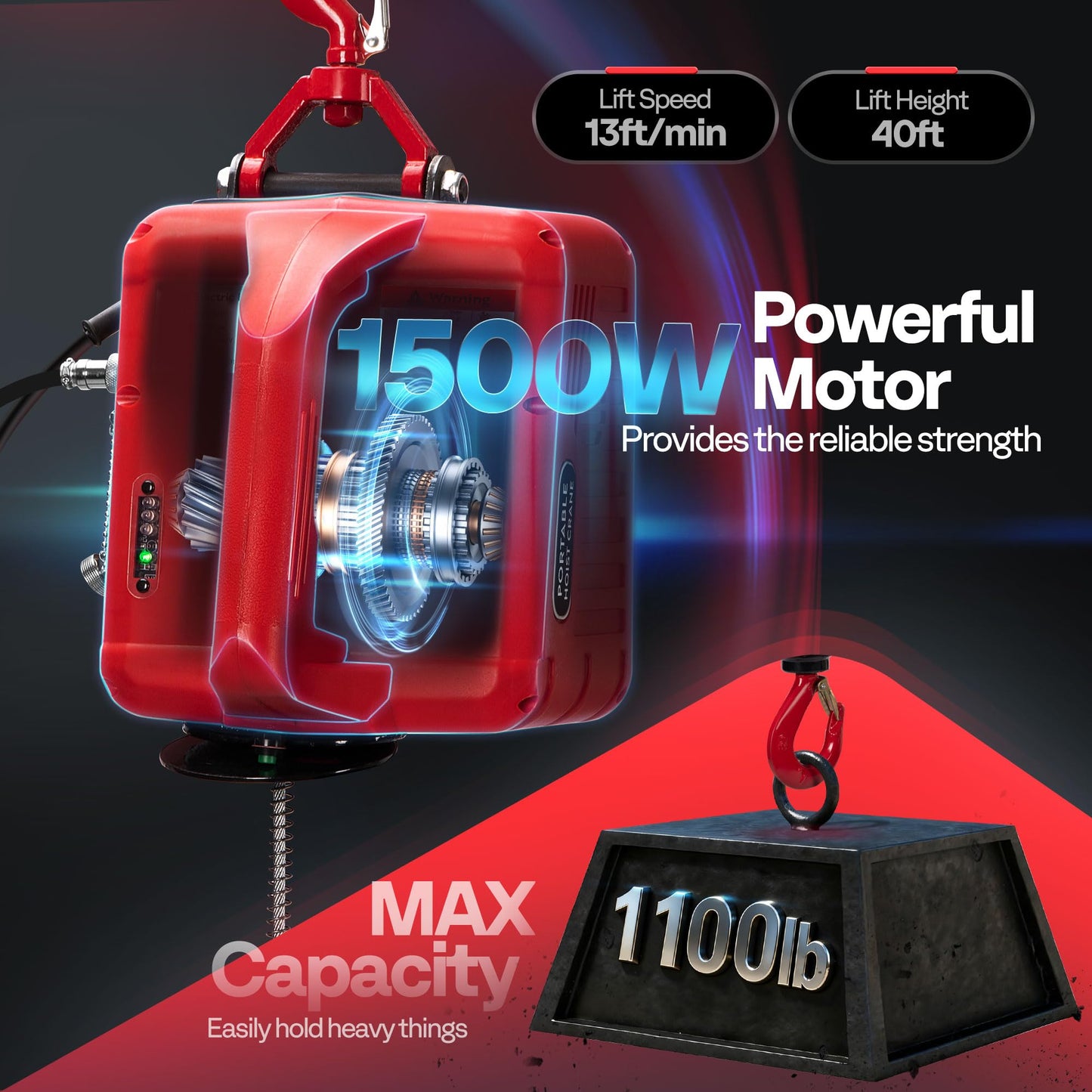 VIVOHOME 3-in-1 Electric Hoist Winch 1100lbs, 110V Portable Power Winch Crane with Wire and Wireless Remote Control, 40ft Lifting Height for Towing, Overload Protection for Garage, Factory, Warehouse
