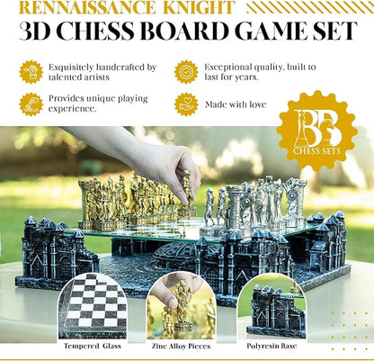 Renaissance Knight 3D Chess Set – Unique Chess Board Set - Durable Gold and Silver Metal Pieces - Tempered Glass Board and Polyresin Base
