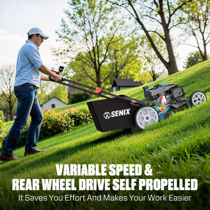 SENIX 22 Inch Gas Lawn Mower, 201cc 4-Cycle OHV Engine, Variable Speed Rear Wheel Self-Propelled Mower, 3-in-1 Mower with Bagging, Mulching & Side Discharge, 6-Positions Adjustable Cutting Height