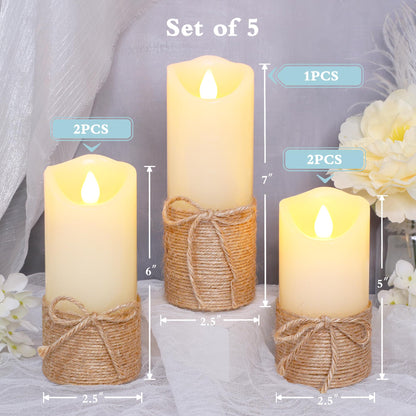 Crystal Club Flameless Candles Flickering with Timer, Set of 5 Battery Pillar Candles with Hemp Rope, Realistic Wax Candle Lights for Summer Party Home Table Décor