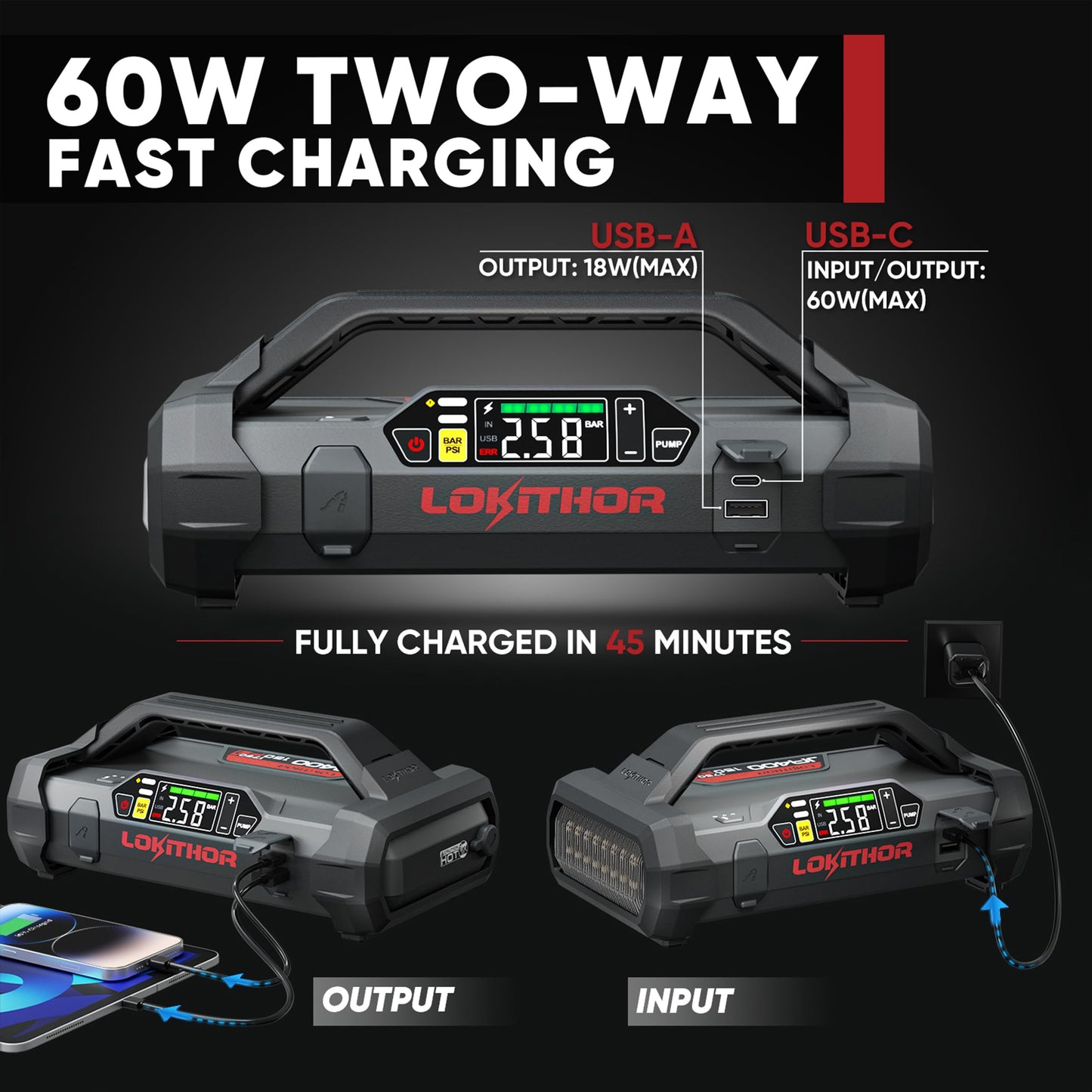 LOKITHOR JA400 1750A 12V Jump Starter with Air Compressor, 60W Two-Way Fast Charing, Lithium Car Battery Starter with 150PSI Digital Tire Inflator, Booster Pack for 7.5L Gas or 5.5L Diesel Engines
