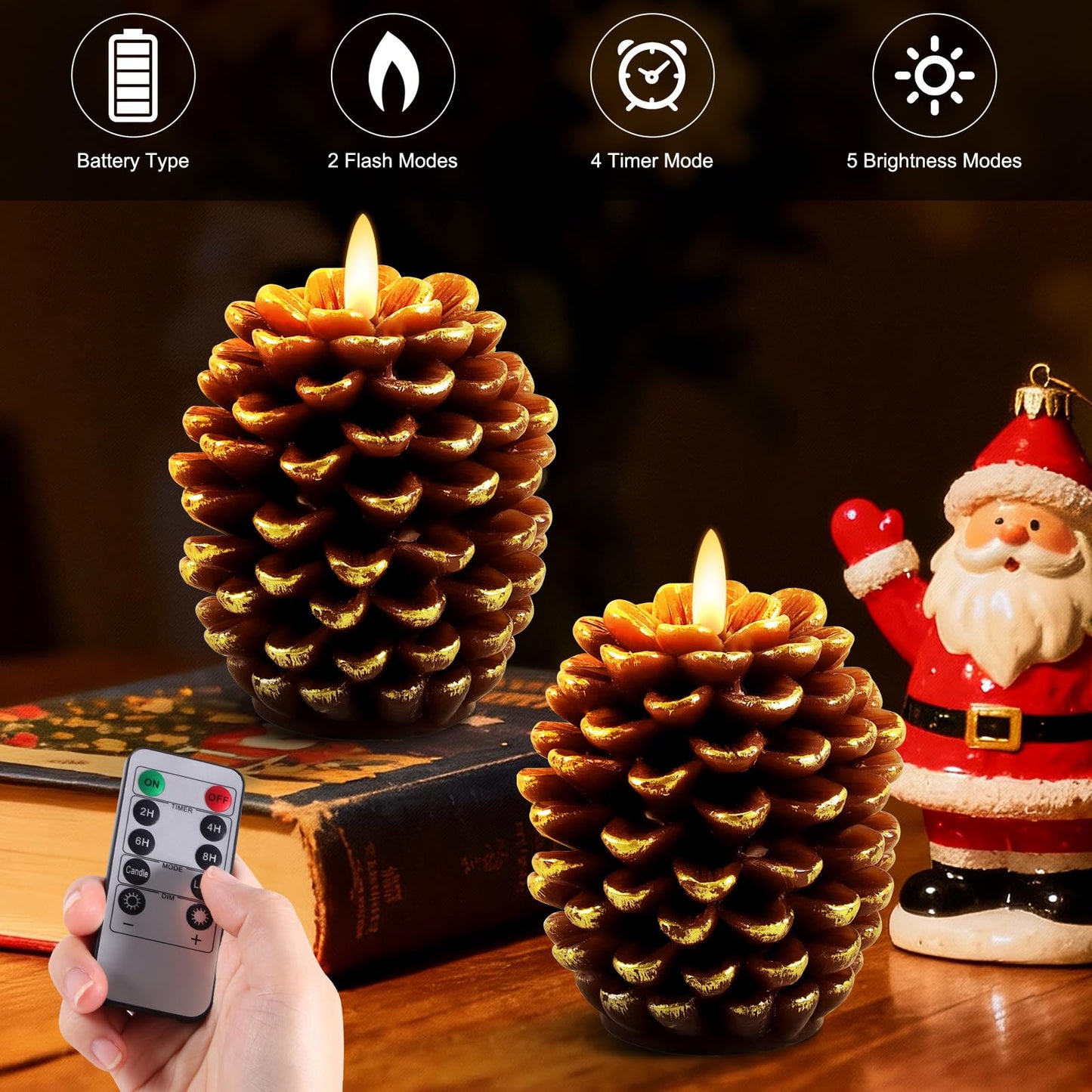 Verdenu 2 Pack Pine Cone Candles, Christmas Real Wax Led Candles with Remote Timer, Flickering Christmas Flameless Candles Battery Operated, Pinecone Candle for Christmas Holiday Decoration