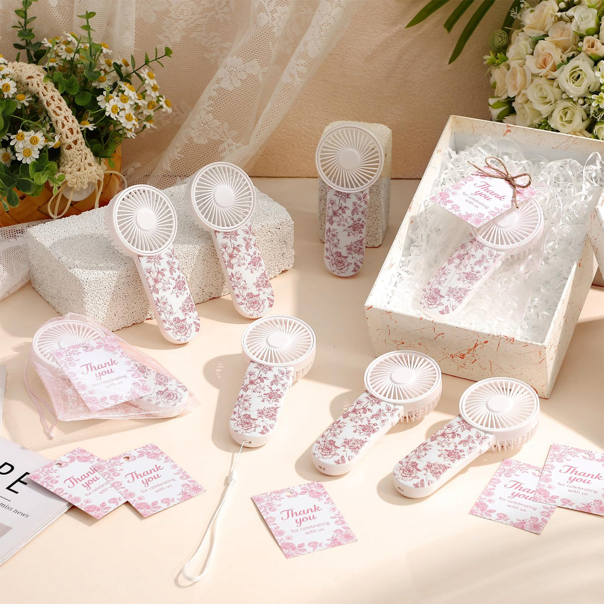 60 Set Portable Wedding Fans Bulk for Guests Mini Handheld Chinoiserie Floral Fan with Lanyard and Thank You Gifts Cards Battery Powered Fans Gift for Wedding Favors, Battery Not Include(Pink)