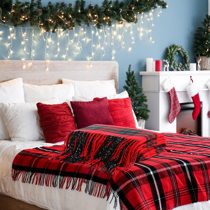 Peryiter 6 Pcs Christmas Red Plaid Throw Blanket Bulk with Tassel 50 x 67 Soft Warm Tartan Chenille Throw Fringe Blankets for Bed Couch Sofa Home Office Xmas Decor Gifts Travel Camping for All Season