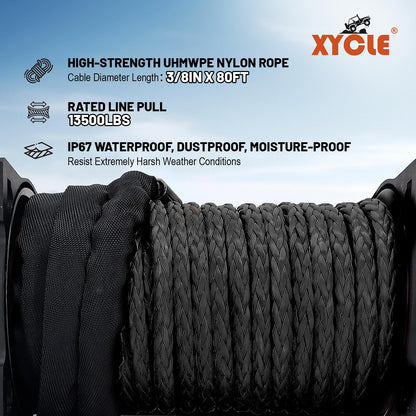 XYCLE Winch13500lbs 12V Waterproof Electric Winch Synthetic Rope Truck Winch Towing Winch Boat Trailer Winch SUV 4-Wheel Drive Off-Road Vehicle with Remote Control 3/8 Synthetic Rope (Black)