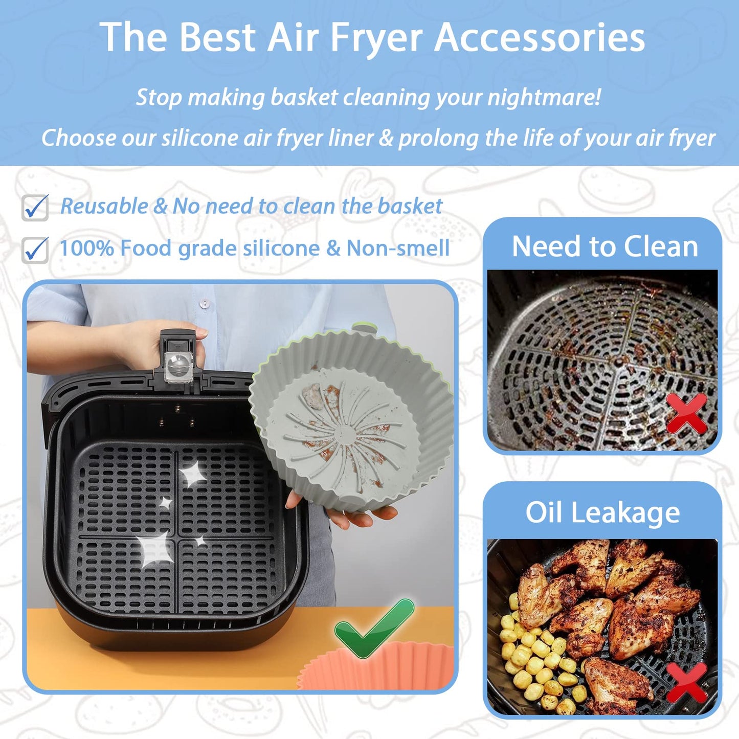 Loveuing Silicone Liners - Reusable Non-stick Pot Liner Compatible with COSORI Air Fryer Basket Accessories (Large - 6.3 Inch, Fit 3 to 4.5 Qt, Gray)