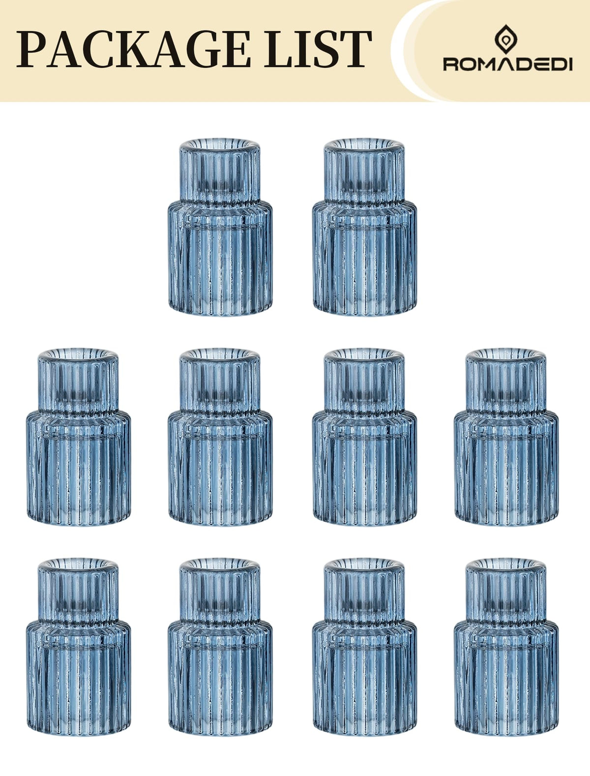 Romadedi Glass Candle Holders for Candlestick - 10 Pcs Blue Tapered Candle Sticks Holder Decor Bulk for Wedding Table Centerpiece Ribbed Taper Holder for Birthday Party Bridal Showers