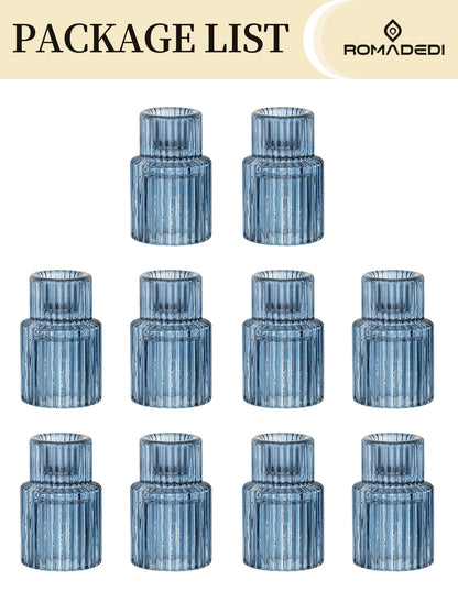 Romadedi Glass Candle Holders for Candlestick - 10 Pcs Blue Tapered Candle Sticks Holder Decor Bulk for Wedding Table Centerpiece Ribbed Taper Holder for Birthday Party Bridal Showers
