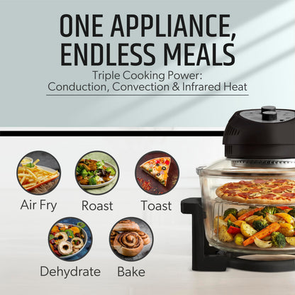 Granitestone 16 Qt Large Glass Air Fryer Non Toxic – Family Sized Airfyrer Cooker with 3 Cooking Sections, Stainless Steel Racks, No Preheat, Self Cleaning, Dishwasher Safe - Black