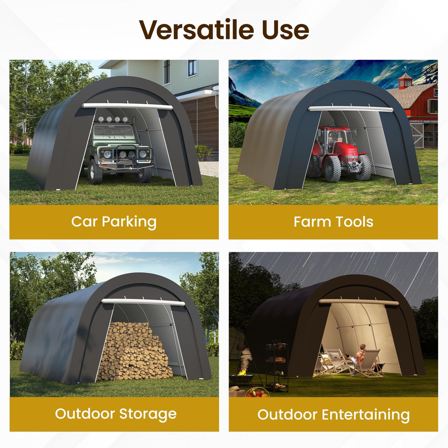 Kiss the Water Heavy Duty Domed Carport with 4 Cloth Bags and 2 Roll-up Doors, Portable Garage Storage Shelter Shed for Cars, Truck, or Garden Tools, 13' x 20'