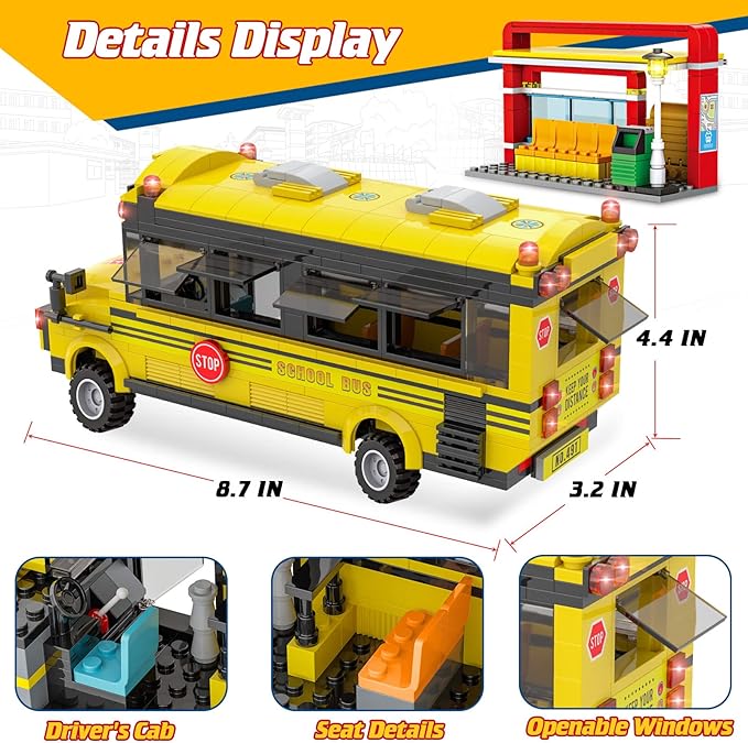 School Bus Building Blocks Set City School Day Bus Construction Playset with School Bus &amp Station Education Learning Roleplay STEM Brick Toys Ideal Gift for Kids Boys Girls Aged 6+ (488 Pieces)