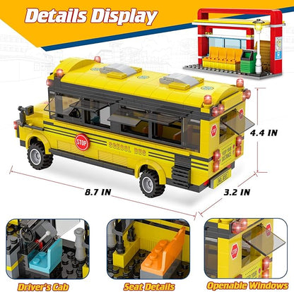 School Bus Building Blocks Set City School Day Bus Construction Playset with School Bus &amp Station Education Learning Roleplay STEM Brick Toys Ideal Gift for Kids Boys Girls Aged 6+ (488 Pieces)