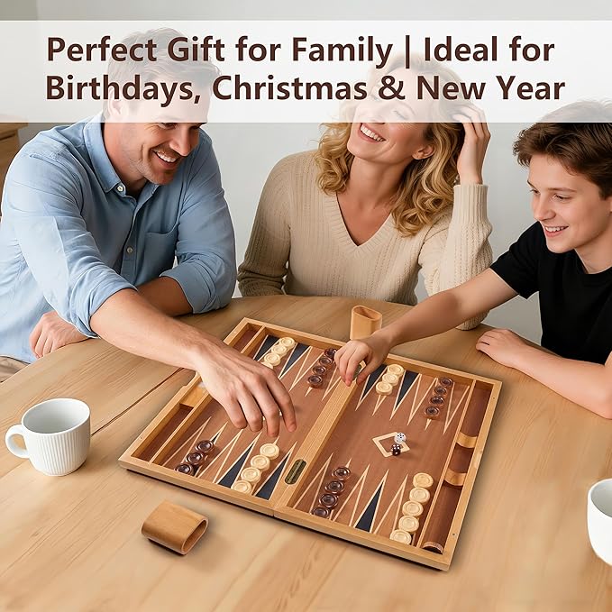 Wood Backgammon Set for Adults – 17 Inch Classic Strategy Board Game Case - Premium Folding Backgammon Set with Wooden Playing Pieces Dices - Portable Wood Inlaid Travel Backgammon Game Set