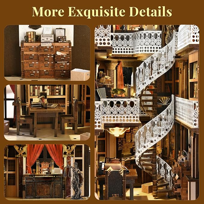 Book Nook Kit Library DIY Miniature House Kit 3D Wooden Puzzle Dollhouse Kit for Adults and Teens Bookshelf Booknook with LED Light (Law Library)