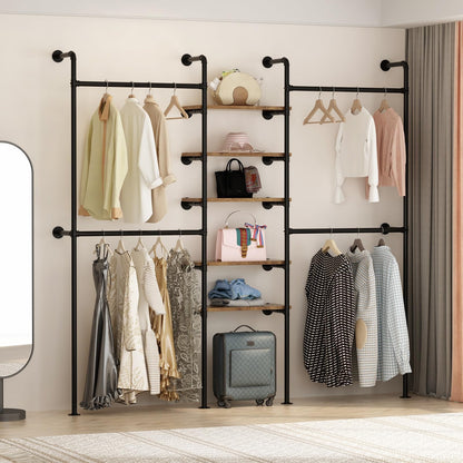 WTPLWD Industrial Pipe Clothing Racks with 5 Shelves, Wall Mounted Clothes Rack for Hanging Clothes, Black Wall Clothing Rack, Heavy Duty Clothes Rack for Walk in Closet, Laundry Room