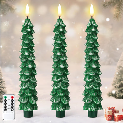Enhon 3 Pcs Christmas Tree Flameless Taper Candles Battery Operated with Remote and Timer, Real Wax LED Candles, Warm 3D Wick Flickering Lifelike Leaves, Xmas Dinner Holiday Decoration(Green, Silver)