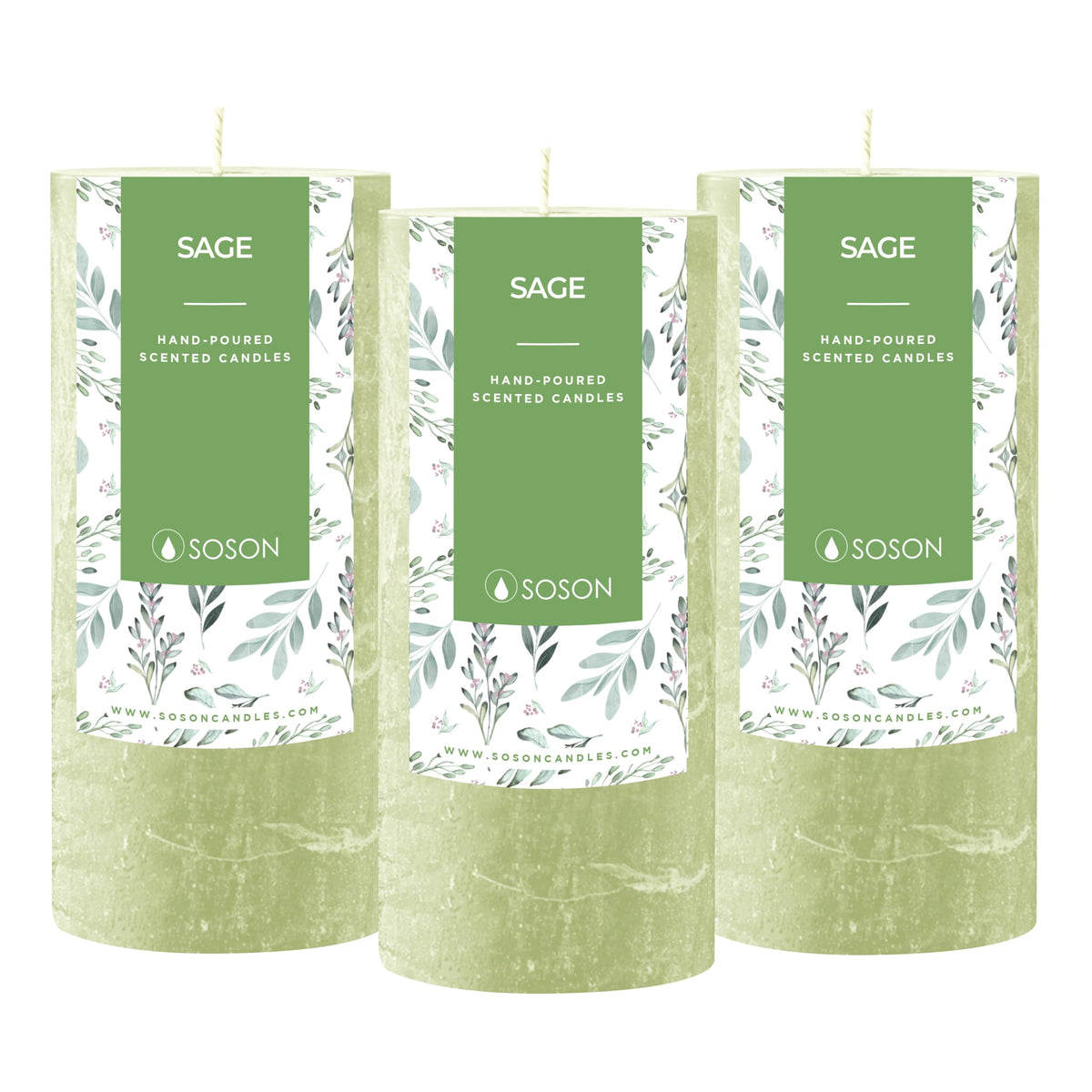 Simply Soson 3x6 inch Green Sage Rustic Pillar Scented Candle - 3 Pack - for Home Decor, Aromatherapy, Weddings, Restaurants, Spa, Church