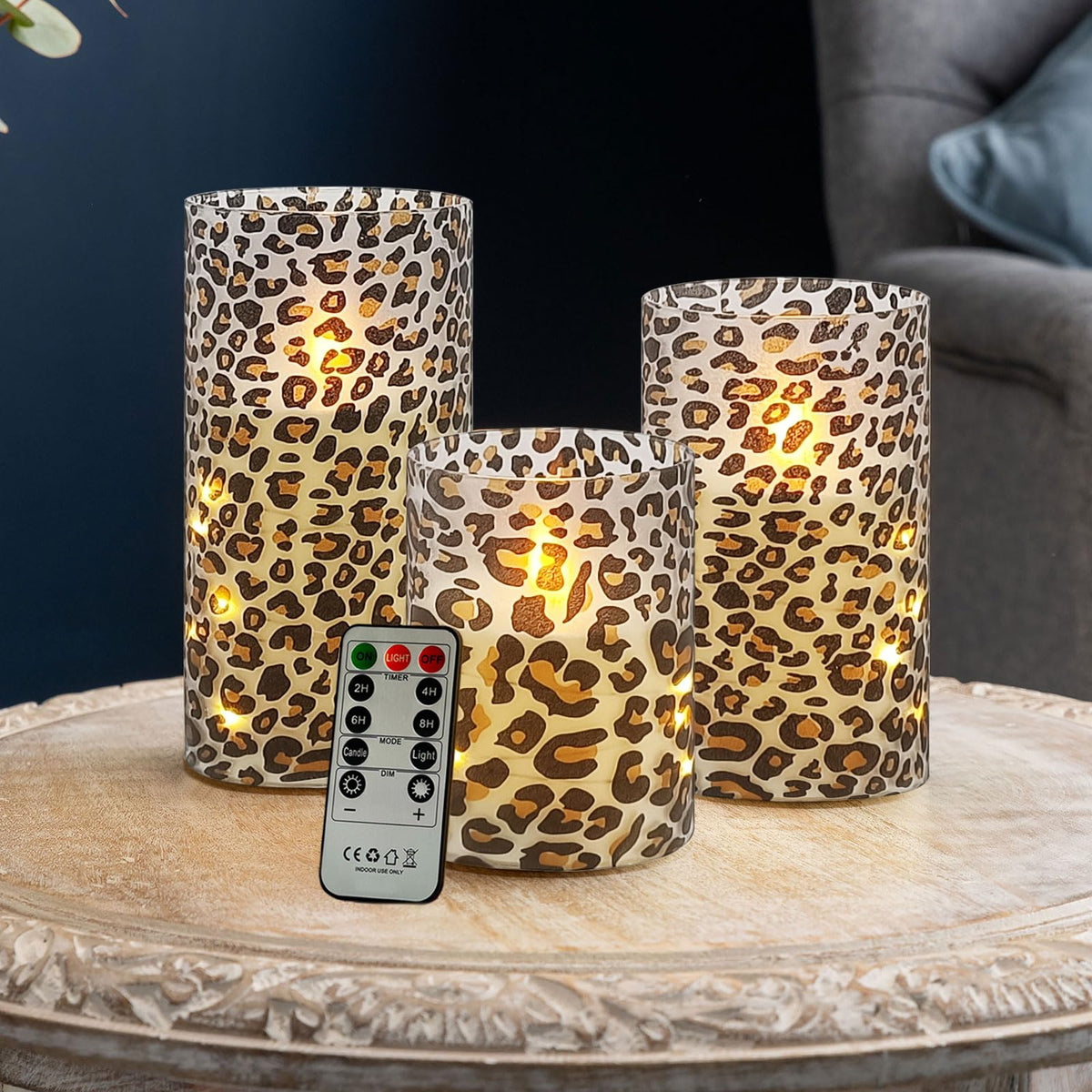 NjaoHoo Flickering Flameless Candles, Recessed String Light LED Candles 3D Wick Acrylic Battery Operated LED Pillar Candles with Remote and Timer for Modern Simple Home Decor Set of 3(Leopard)