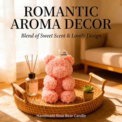 Cute Bear Shape Scented Candle,150G Rose Flower Clusters Aesthetic Handmade Soy Wax Aroma Decorative Candle for Table Photo Prop Wedding Birthday,Prefect Gift for Meditation Stress (Pink Bear)