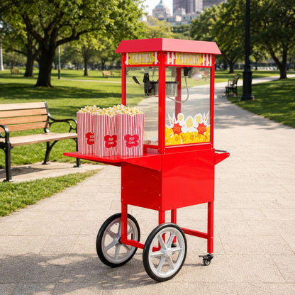 Restaurantware CART ONLY: Hi Tek Popcorn Stand For 8 Ounce Popcorn Maker 1 Red Popcorn Cart - Popcorn Machine Sold Separately 2 Wheels and 2 Locking Casters Stainless Steel Popcorn Popper Stand