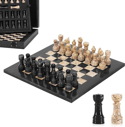 Marble Chess Set for Adults 10 Handmade Black &amp Coral Board Game with 32 Chess Pieces 2 Extra Queens &amp Storage Box Luxury Travel Game Elegant for Home Decor