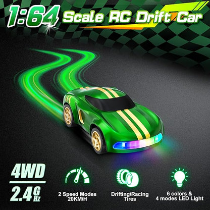 RC Drift Car 1/64 Mini Drift RC Cars 4WD Micro Remote Control Car with LED Lights and Speed Switch Cars Toys for Adults Kids Boys Age 6 7 8-12 Green