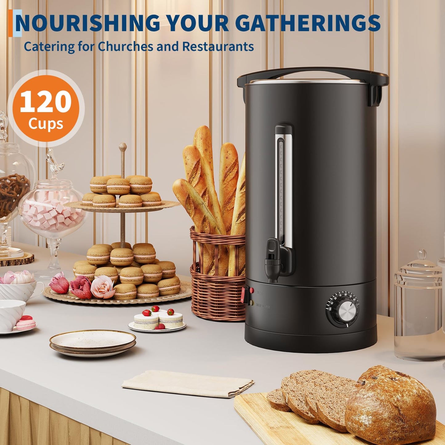 120-Cup Coffee Urn, 18L / 4.8Gal Double Wall Insulation Coffee Dispenser, Stainless Steel Large Hot Beverage Dispenser with Automatic Temperature Control & Faucet Commercial Coffee Urn, Black