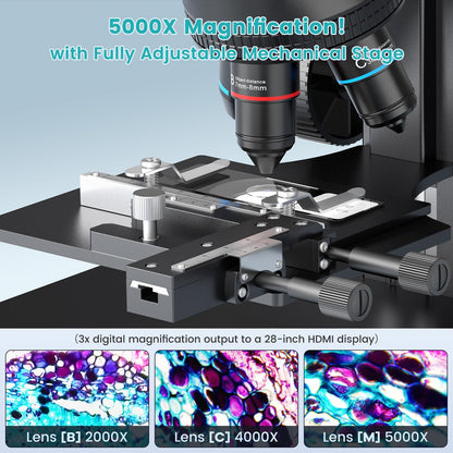 LM266S 5 Lens 7" HDMI Digital Microscope 5000X for Adults, Lab Digital Biological Microscope with Screen for Slides, Mechanical X-Y Stage, UHD 2160P Video, LCD Full View Coin Camera, PC View, 32GB