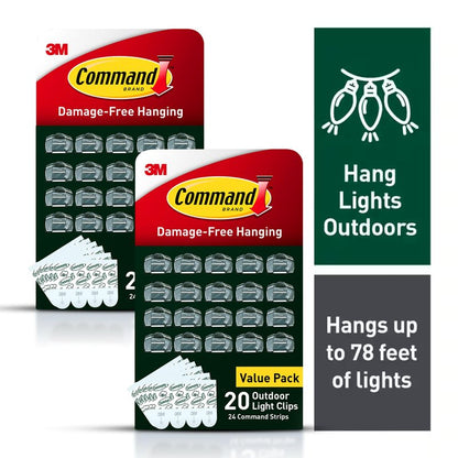 Command Outdoor Light Clips, 40 Clear and 48 Strips, Damage Free Hanging with Weather Resistant Strips, Wall Clips for Hanging Outdoor Lights and Cable Management