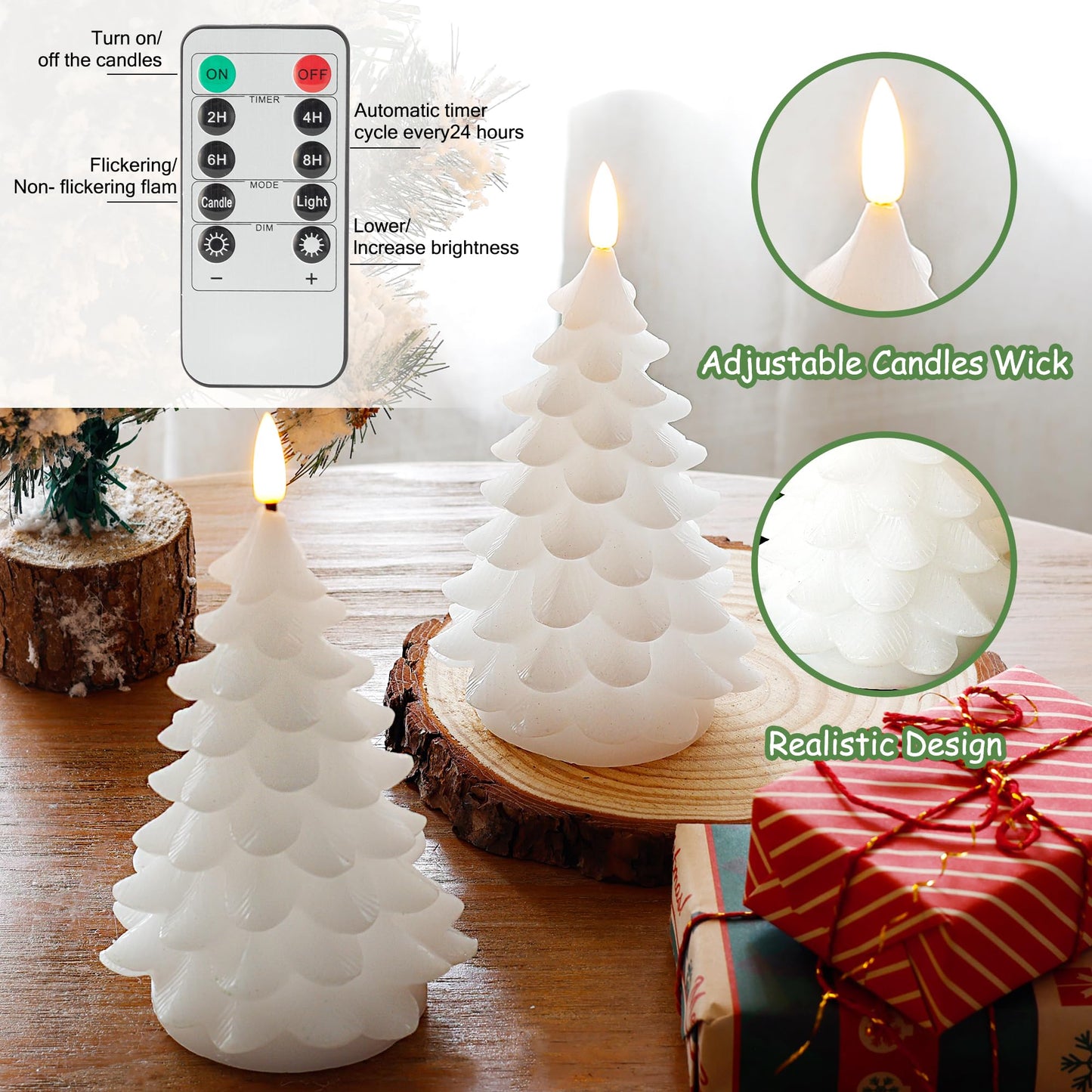 JOIONE Christmas Tree Flameless Candles with Remote Timer,Battery Operated Flickering Candles, LED Real Wax Candles for New Year Celebration, Christmas Decor, Set of 2, White (3.15" X 7.48")