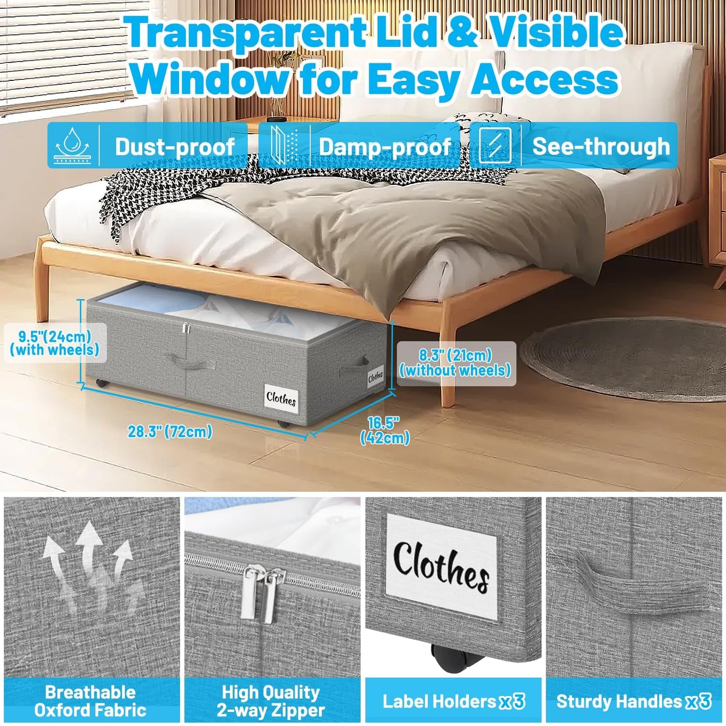 Under Bed Storage with Wheels, 2-Pack 10" Height XXL 75L Rolling Storage Bins, Quick Assembly Underbed Shoe Storage Containers with Clear Lid & Label, Dorm Under Bed Drawers for Clothes, Shoes, Black