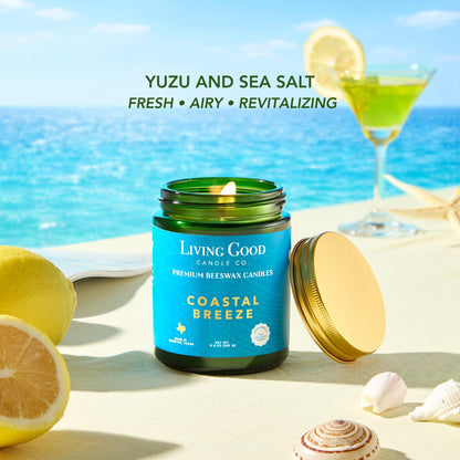 Coastal Breeze – Yuzu & Sea Salt Beeswax Candle, Non Toxic Scented Candle, Clean Burning Ocean & Beach Candle, Fresh Airy Summer Candle for Home, Gift for Women & Men - 5.5 OZ